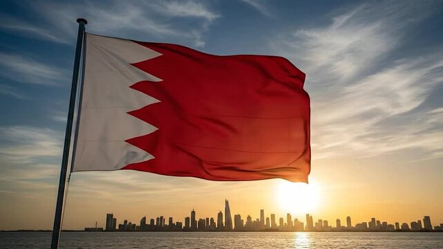 Bahrain flag waving city skyline sunset.