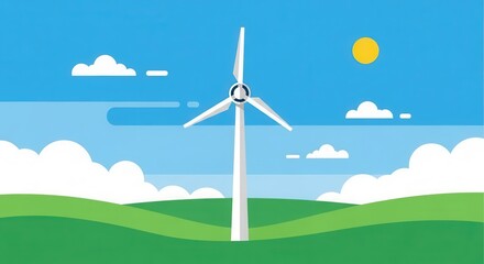Obraz premium Wind turbine generates clean energy against a backdrop of blue skies and green fields.