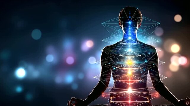 Faceless silhouette of person meditating, defocused seven chakras showing energy flow, spiritual practice, energy centers visualization, meditation alignment, with copy space