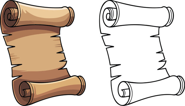 Antique parchment scroll illustration & outline set isolated on transparent background