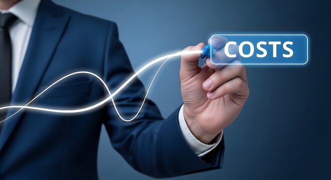 Rising costs business graph, businessman drawing increasing financial line chart, corporate expense growth and inflation concept, blue suit background