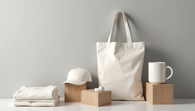 White tote bag, cap, t-shirts, and mug are arranged on wooden blocks for product display. Clean studio setup for custom branding mockups. Minimalist presentation for merchandise promotion and design.