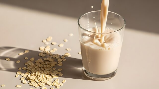 Oat milk pouring into glass with splashes and oats representing plant based nutrition vegan lifestyle dairy free healthy drink concept