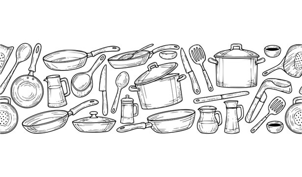 Creative kitchenware seamless border sketch cooking utensils black and white vector illustration pattern