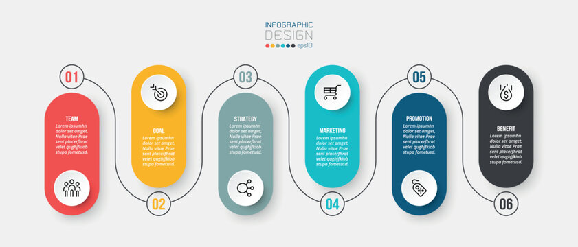 Flat infographic set showing six steps process in modern style, numbered 01 to 06 process steps numbered 02