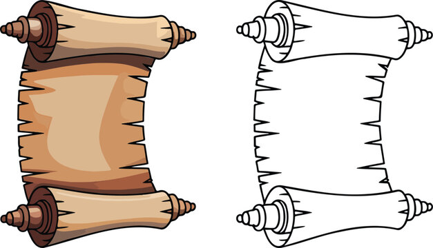 Antique parchment scroll illustration & outline set isolated on transparent background