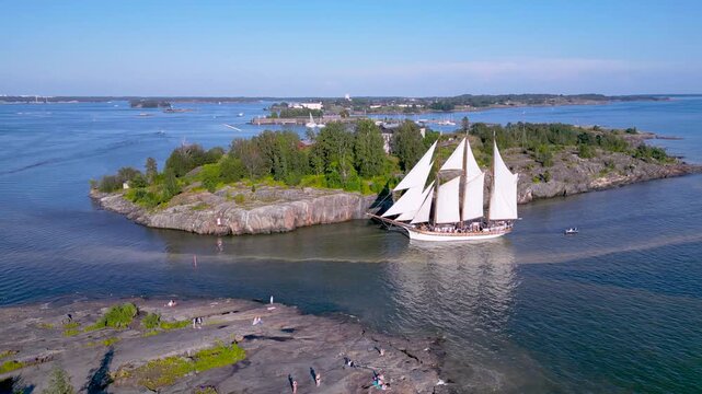 Aerial View of Kaivopuisto waterfront and Harakka Island in Helsinki, Finland on a Sunny Summer Day