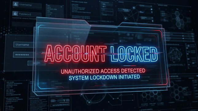 Account locked warning with unauthorized access detected and system lockdown initiated in futuristic digital interface design, conveying cybersecurity alert and protection urgency