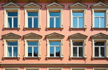 Obraz premium Many old houses feature ornate windows on a pastel peach building exterior. Multiple stories show classic facade design. These European apartments have symmetrical window shapes.