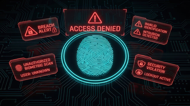 Access denied warning with fingerprint biometric scan and security alerts on digital circuit background, showing unauthorized access and intrusion detection