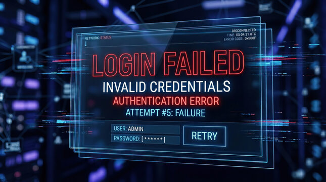 Login failed message on digital screen with invalid credentials and authentication error warning, showing retry option in futuristic cyber security environment