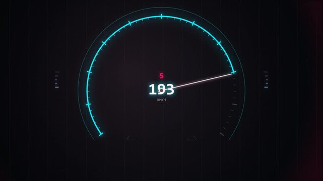 neon speedometer gauge with glowing red and blue lights on black background