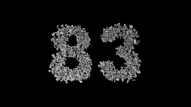 Number 83 Formed by Small Digits Animation with Alpha Channel. Typographic Number Formation Effect. Digital Number Made of Numbers. 3D Font Typographic Animation. Transparent Background
