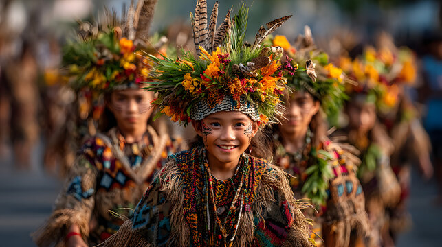 Traditional tribal attire worn by children during the Kadayawan Festival Street Parade in Davao City, Philippines.
