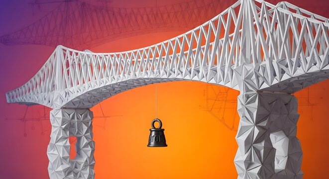 White geometric paper bridge model with a small black weight hanging from it against colorful skies.
