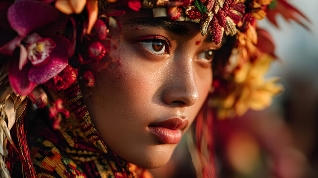 The Kadayawan Festival features a woman in a bright native costume with a floral headdress in a close-up.