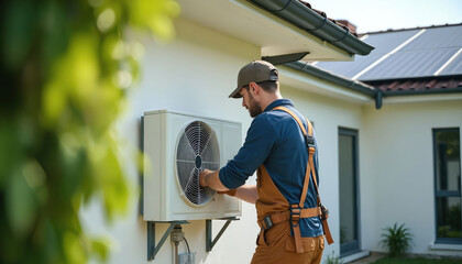 Naklejka premium Man installs heat pump unit on house exterior. Solar panels on roof show eco friendly energy system. Residential HVAC service for home comfort and green living.