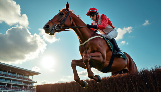 Jockey rides horse over jump fence during race. Equestrian athlete competes in steeplechase event on sunny day. Horse and rider clear obstacle on track. Crowd watches in grandstand.