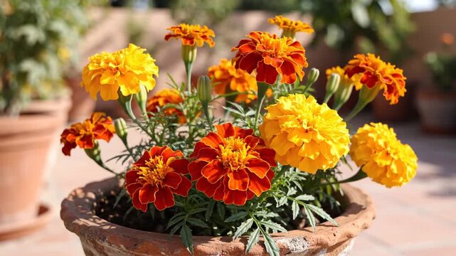 Vivid marigold flowers blooming in terracotta pots captured in bright sunlight