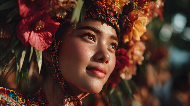 A close-up of a woman wearing a bright native costume and a floral headdress during the Kadayawan Festival.