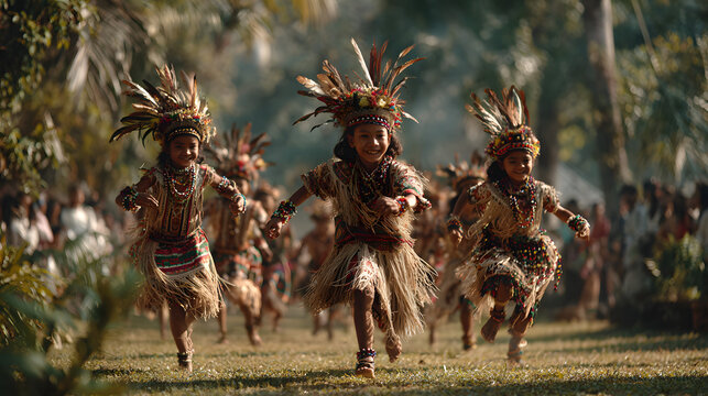 Children dressed in colorful tribal attire are taking part in an outdoor cultural dance contest at the Kadayawan Festival.