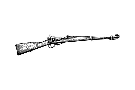 Antique bolt action rifle drawing in detailed monochrome engraving style