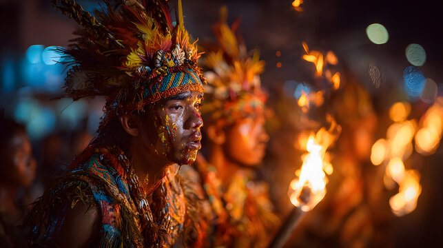 Lanterns and tribal torches illuminate the street during the nighttime scene at the Kadayawan Festival in Davao City, as performers in costumes dance around a firelight.