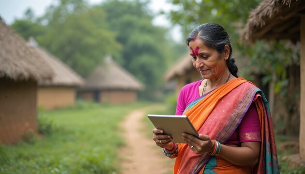 Woman in sari uses tablet computer in rural village. She smiles, holding device outdoor near mud houses. Technology connects community, aids development, offers new opportunities for rural people.