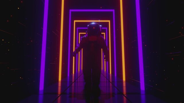 4K seamless 3d animation loop of an astronaut walking forward through a symmetrical corridor of glowing orange and purple rectangular gates in a cosmic environment.