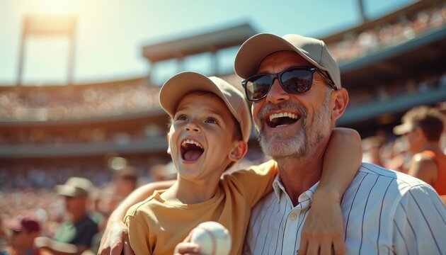 Father and son wear baseball caps. They cheer at game in stadium seats. Young boy holds baseball, expresses joy. Man smiles wearing sunglasses.
