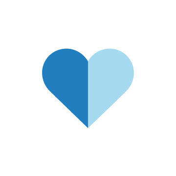 A minimalist vector icon of a heart shape vertically bisected into two distinct shades of blue, set against a plain white background.