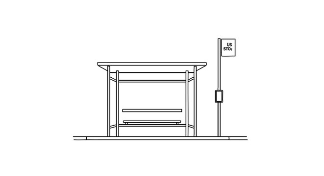 A minimalist vector illustration of a bus stop shelter with a bench and signpost