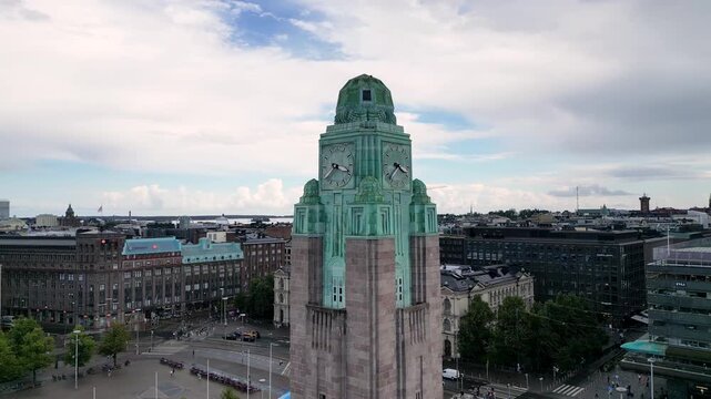 Aerial Drone View Around the Clock Tower of Helsinki Central Railway Station