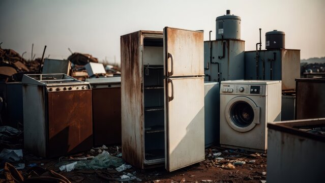 Abandoned Appliances in a Junkyard Highlighting Urban Decay and Waste