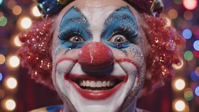 Close-up of a creepy clown with colorful makeup and a red nose, smiling menacingly at the camera with bokeh lights in the background.