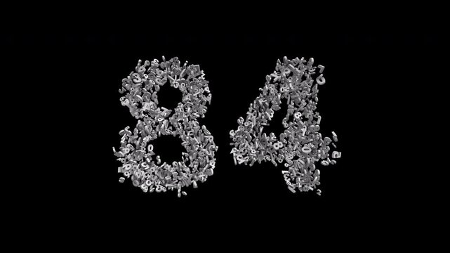 Number 84 Formed by Small Digits Animation with Alpha Channel. Typographic Number Formation Effect. Digital Number Made of Numbers. 3D Font Typographic Animation. Transparent Background