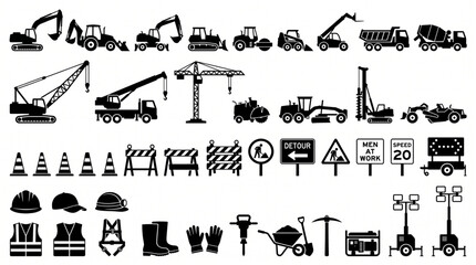 Heavy construction machinery and road work equipment vector icons set featuring excavators cranes dump trucks safety gear tools signs and traffic cone © Ai
