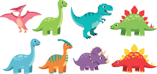 Colorful Cartoon Dinosaur Set Featuring T-Rex, Pterodactyl, Stegosaurus, Triceratops, and More for Kids, Fun, and Educational Designs © MdRaisul