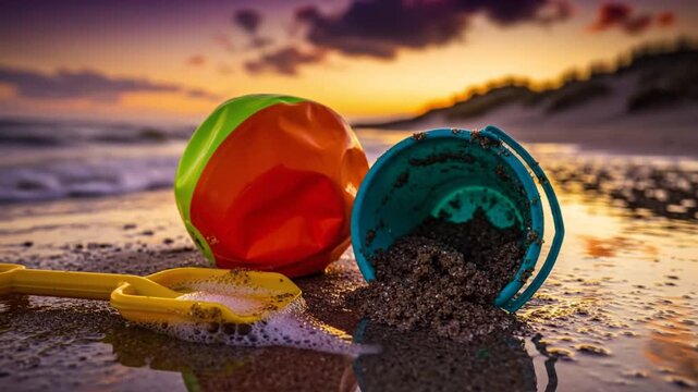 Beach toys, sand, and sunset. A serene scene of a deflated ball, spilled bucket, and shovel on the shoreline.