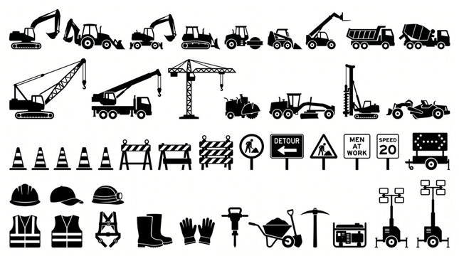 Heavy construction machinery and road work equipment vector icons set featuring excavators cranes dump trucks safety gear tools signs and traffic cone