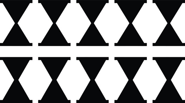 Repeating pattern of black and white hourglass shapes on a white background sand timer time