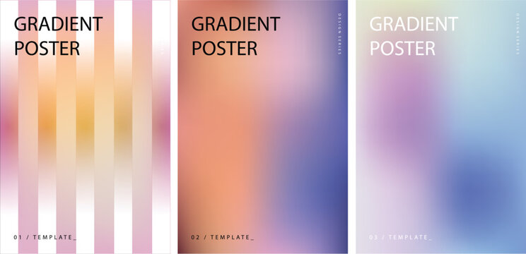 Set of three modern abstract gradient posters with vibrant colors and minimalist typography