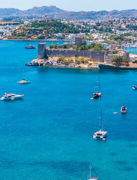 Bodrum Marina and Bodrum Castle Summer Season Drone Photo, Bodrum Mugla, Turkiye (Turkey)