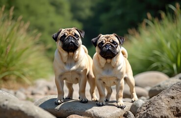 Obraz premium Two fawn pugs stand on rocks outdoors. Pups pose together near green plants and tall grass. Dogs have wrinkled faces and curly tails. They look alert.