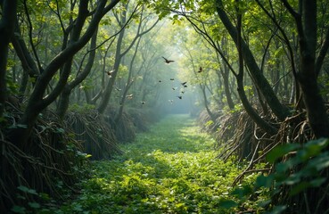 Fototapeta premium Flock of birds flies through dense green mangrove forest path. Sunlight streams through tree canopy illuminating vibrant undergrowth. Nature, wilderness, ecology, habitat.