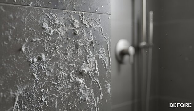 Detailed macro shot of heavy soap scum buildup on a grey shower wall for a professional cleaning and bathroom maintenance concept