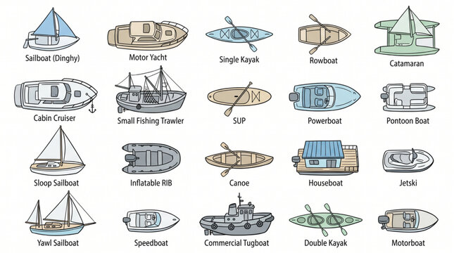 Set of boat types illustrations including sailboats motor yachts kayaks rowboats and commercial vessels for marine nautical and maritime design themes