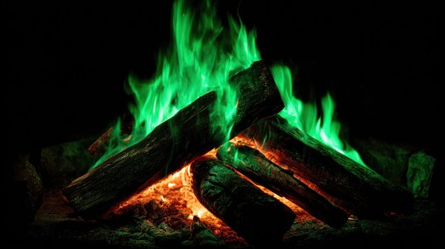 Glowing green flames burning on wooden logs with dark background