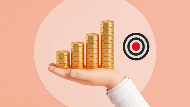 Hand holding stacked gold coins near target