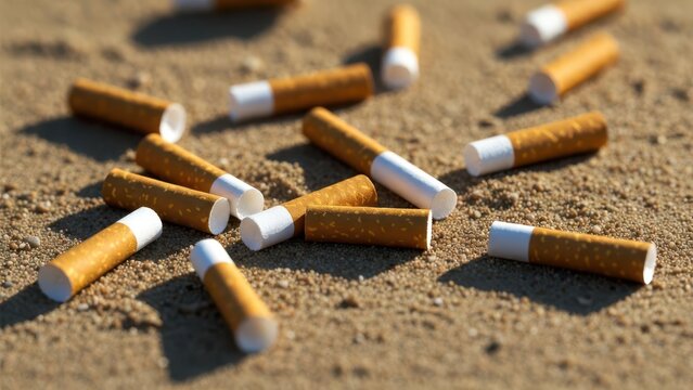 Cigarettes Littered on Sandy Beach in Natural Environment